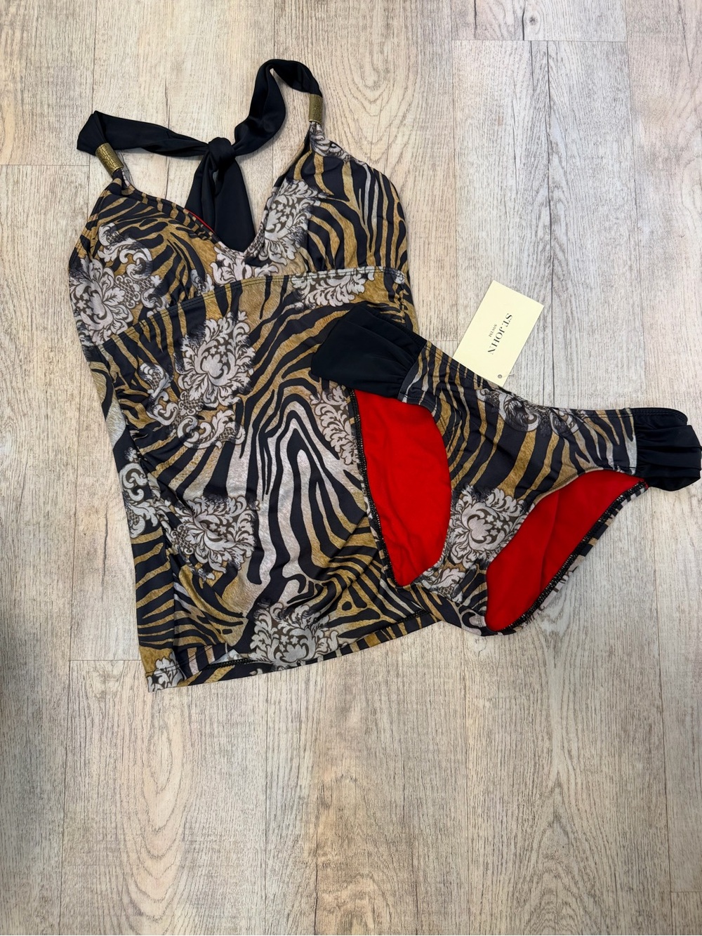 Y2K St. John Black and Gold Animal-Print Tankini with Red Lining